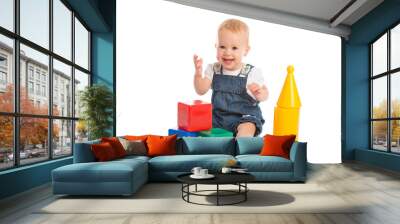 happy cheerful child playing with blocks cubes isolated on white Wall mural