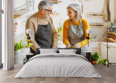 Happy elderly couple prepare vegetarian dinner together, chopping fresh colorful vegetables Wall mural