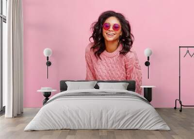 Happy ethnic woman in sunglasses laughing. Wall mural