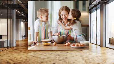 happy family funny kids bake cookies in kitchen. Wall mural