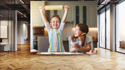 happy family funny kids bake cookies in kitchen Wall mural