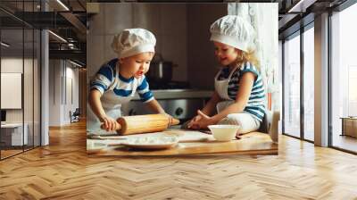 happy family funny kids bake cookies in kitchen Wall mural