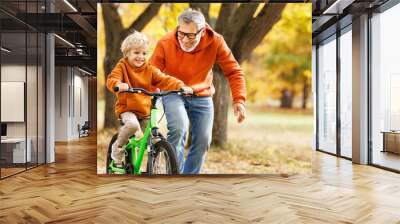 Happy family grandfather teaches child grandson  to ride a bike in park Wall mural