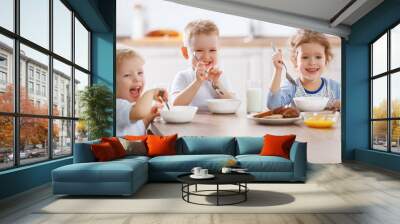 happy funny children eating breakfast Wall mural