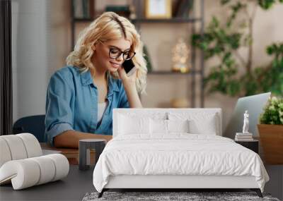 happy young   business woman at home office working on computer Wall mural