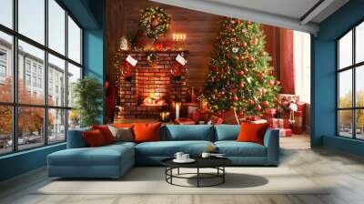 interior christmas. magic glowing tree, fireplace, gifts  . Wall mural