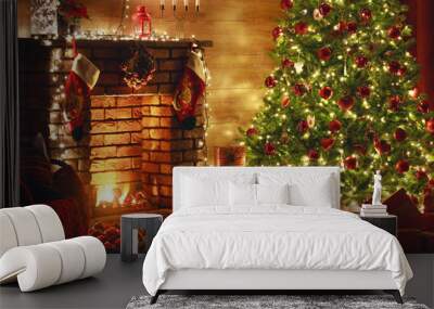 interior christmas. magic glowing tree, fireplace, gifts in  dark  . Wall mural