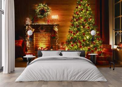 interior christmas. magic glowing tree, fireplace, gifts in  dark Wall mural