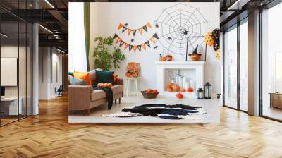 interior of house decorated for Halloween pumpkins, webs and spiders. Wall mural