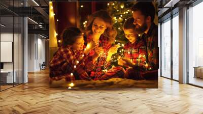 Merry Christmas! happy family  with glowing garland in bed near tree at home Wall mural