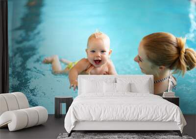 mother teaching baby swimming pool Wall mural