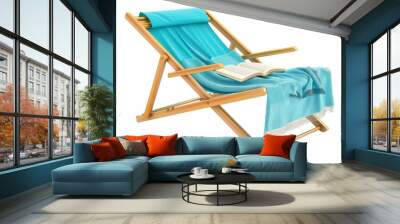 A close-up of an empty beach lounge chair with a towel and book Illustration on a clear white background --ar 3:2 --style raw Job ID: 67b4318d-dcba-4cc6-b883-270fea12cca6 Wall mural