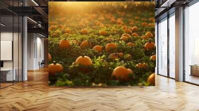 a cluster of vibrant orange pumpkins scattered across a lush green field, bathed in the warm, golden light of a setting sun Wall mural