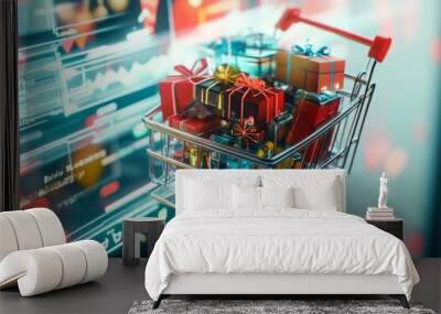 a detailed close-up of a high-tech shopping cart filled with virtual holiday gifts and tech gadgets, set against a screen showing cyber monday deals illustration Wall mural