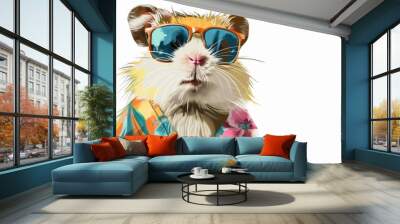 A fashionable hamster waits for its train at a lively railway station, dressed in a colorful sundress and trendy sunglasses. The vibrant scene is set against a clear white background. Wall mural