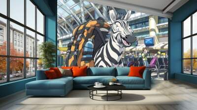 A happy zebra with a backpack stands in a bustling airport, surrounded by people rushing to their gates. The zebra's bright smile and sparkling eyes show its excitement for the journey ahead. Wall mural