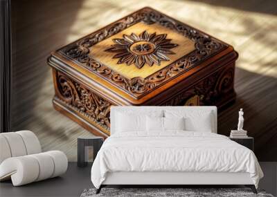 a highly detailed image of a polished wooden music box on a pale wood background, the box's intricate carvings and mechanisms visible Wall mural