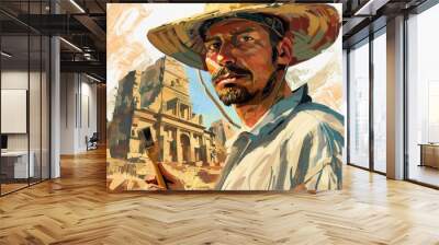 A male archaeologist, dressed in a wide-brimmed hat, carefully brushes away dirt from ancient ruins, revealing hidden treasures. The background is a warm, sun-kissed landscape of crumbling structures. Wall mural