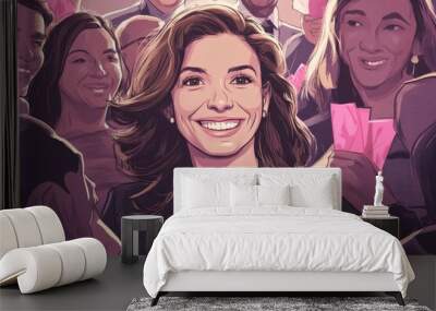 A smiling woman wearing a pink ribbon pin on her lapel, surrounded by loved ones and supporters Illustration --ar 3:2 --v 6.1 Job ID: 4d6cf6e7-4d9b-4773-8a98-b6e663ec175d Wall mural