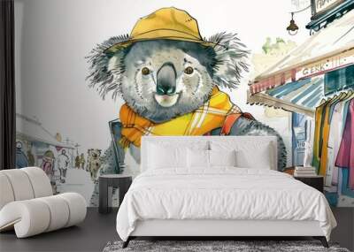 A stylish koala browses souvenirs on a lively Sydney street, surrounded by iconic landmarks. The trendy outfit and accessories add a touch of glamour to the scene. Wall mural