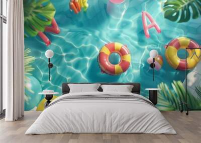 A vibrant summer-themed background featuring a circular swimming pool adorned with colorful letter balloons and various swim objects floating on the water surface, creating a festive atmosphere. Wall mural