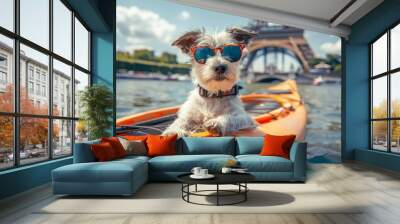 Adorable silver Weinerman dog on kayak with sunglasses, Eiffel tower view Wall mural