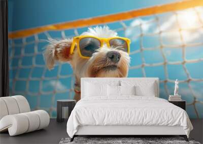 Adorable silver Weinerman dog playing beach volleyball with sunglasses Wall mural