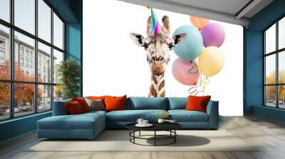 An adorable giraffe wearing a vibrant party hat and happily blowing colorful balloons against a clean white background. Wall mural