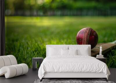 An old wooden cricket bat with a cricket ball resting on top, set against the background of a lush green cricket ground. Wall mural