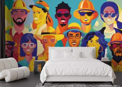 An vibrant illustration portraying workers from diverse professions joining in celebration of Labor Day. Wall mural