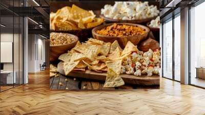 Indulge in a mouthwatering assortment of crispy potato chips, savory cheese crackers, and spicy popcorn. Wall mural