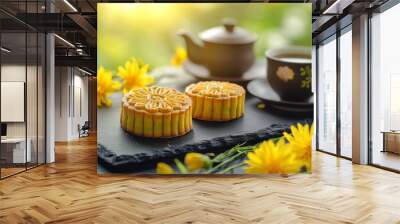 mooncake and tea on a black slate table, surrounded by yellow flowers and soft, warm light, evoking a sense of traditional festive celebration Wall mural