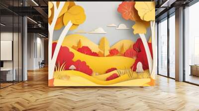 paper cut d style vector illustration of an autumn countryside landscape, complete with yellow and red trees, a few mushrooms, and a border frame, perfect for a thanksgiving sale promo card Wall mural