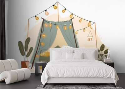 Snuggle up in this whimsical retreat, surrounded by soft blankets and twinkling fairy lights. The perfect spot to indulge in a lazy day. Wall mural