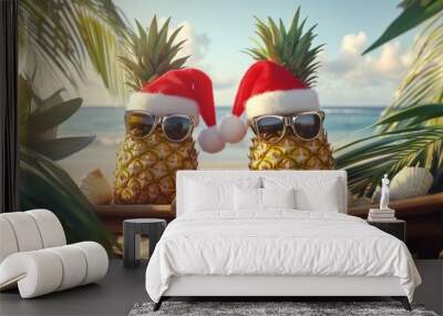 two pineapples wearing santa hats and trendy sunglasses, lounging on a deck chair at the beach, surrounded by tropical leaves and a few seashells Wall mural