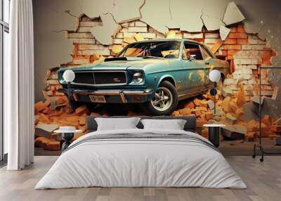 3d wallpaper design with a classic car jumping out of broken graffinti wall Wall mural