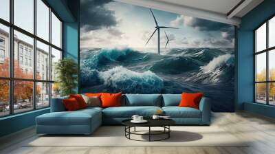 Alternative Energie, Windpark im Meer während eines Sturms, Generative AI  Wall mural