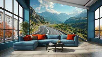 An empty mountain highway on a sunny day, bird eye view Wall mural