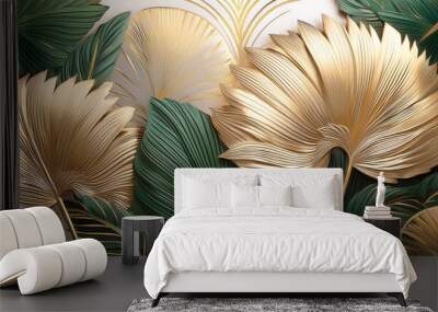 Art Deco background with green ferns, palms, and gold filligree.  AI generated. Wall mural