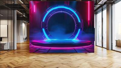 Background podium 3d light game circle blue neon stage screen hologram platform. Virtual 3D podium hud design technology background portal cyber tech cyberpunk digital element show space future room Wall mural