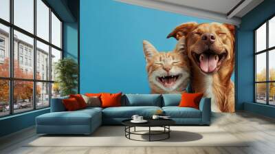 Banner pets. Dog and cat smiling dogs with happy expression. and closed eyes. Isolated on blue colored background on summer or spring season Wall mural