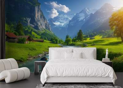 Beautiful Alps landscape with village, green fields, mountain river at sunny day. Swiss mountains at the background Wall mural