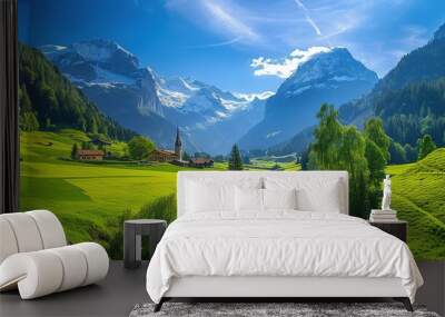 Beautiful Alps landscape with village, green fields, mountain river at sunny day. Swiss mountains at the background Wall mural