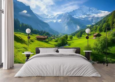 Beautiful Alps landscape with village, green fields, mountain river at sunny day. Swiss mountains at the background Wall mural