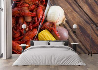 Boiled Crawfish on a Wood Background Wall mural