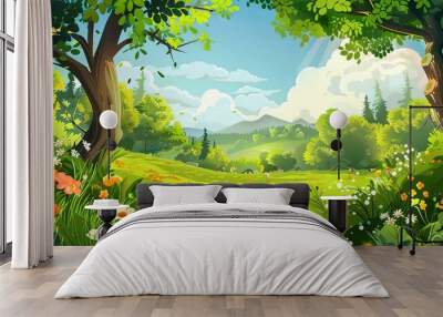 cartoon summer scene with meadow in the forest illustration for children Wall mural