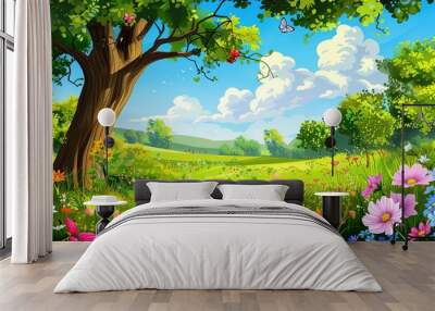 cartoon summer scene with meadow in the forest illustration for children Wall mural