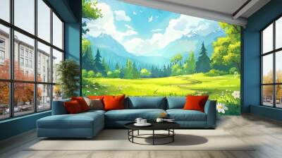 cartoon summer scene with meadow in the forest illustration for children Wall mural