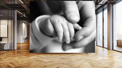 A close-up of a baby's hand gently wrapped around father's finger, symbolizing tenderness and connection Wall mural