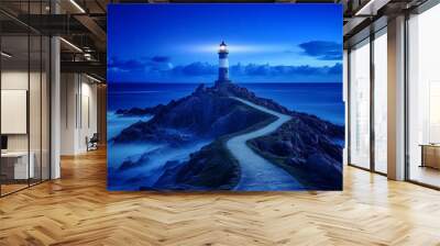 A scenic lighthouse on a rocky outcrop, illuminated against a deep blue night sky, with a winding stone path leading up to it and the surrounding ocean blending smoothly with the sky Wall mural